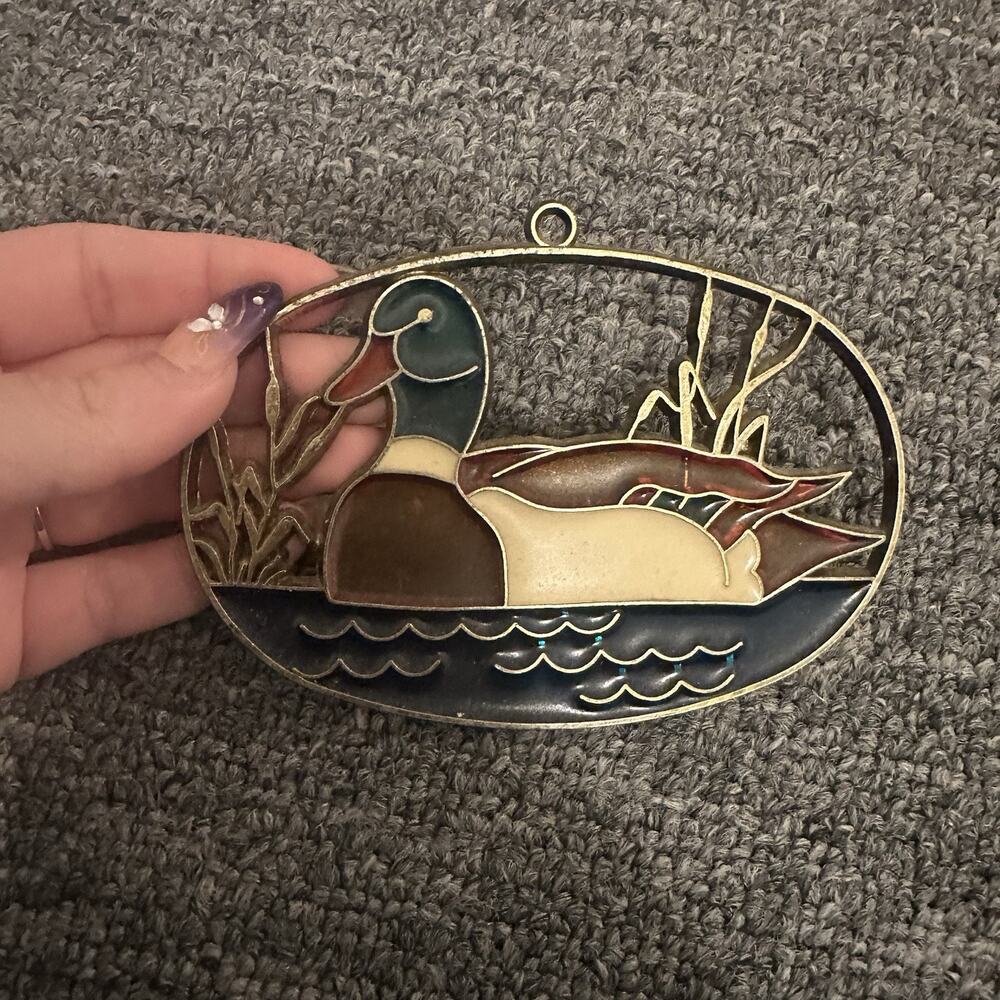 Vintage Stained Glass Mallard Duck With Cattails Window Suncatcher 3.75"x2.5"